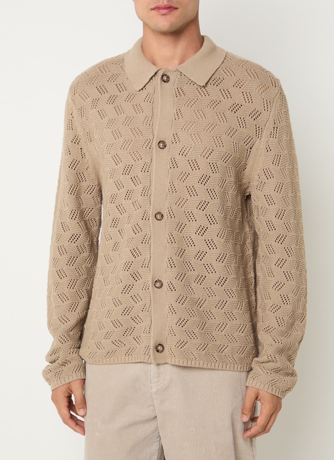 Les Deux Eloi grofgebreid regular fit overhemd met opengewerkt dessin - detail 4 beige