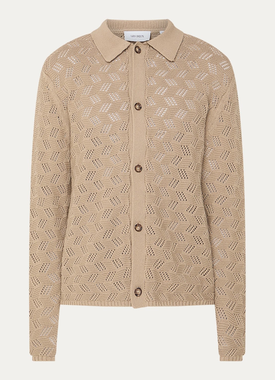 Les Deux Eloi grofgebreid regular fit overhemd met opengewerkt dessin - voorkant 2 beige