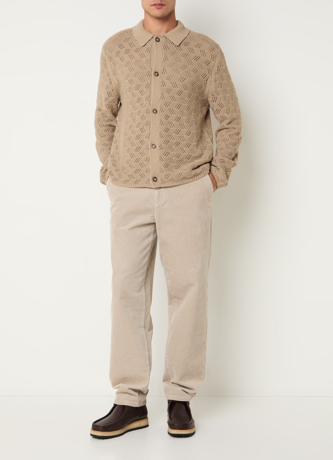 Les Deux Eloi grofgebreid regular fit overhemd met opengewerkt dessin - voorkant 3 beige