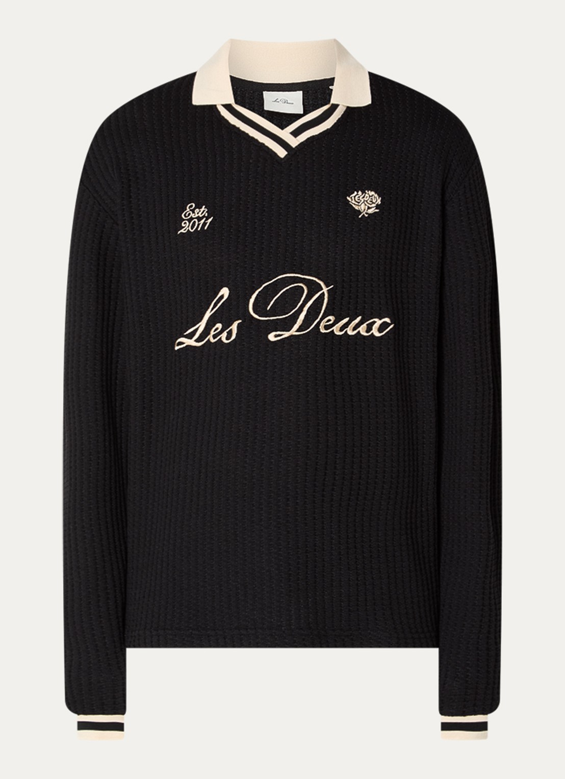 Les Deux Fijngebreide pullover met logoborduring - voorkant zwart