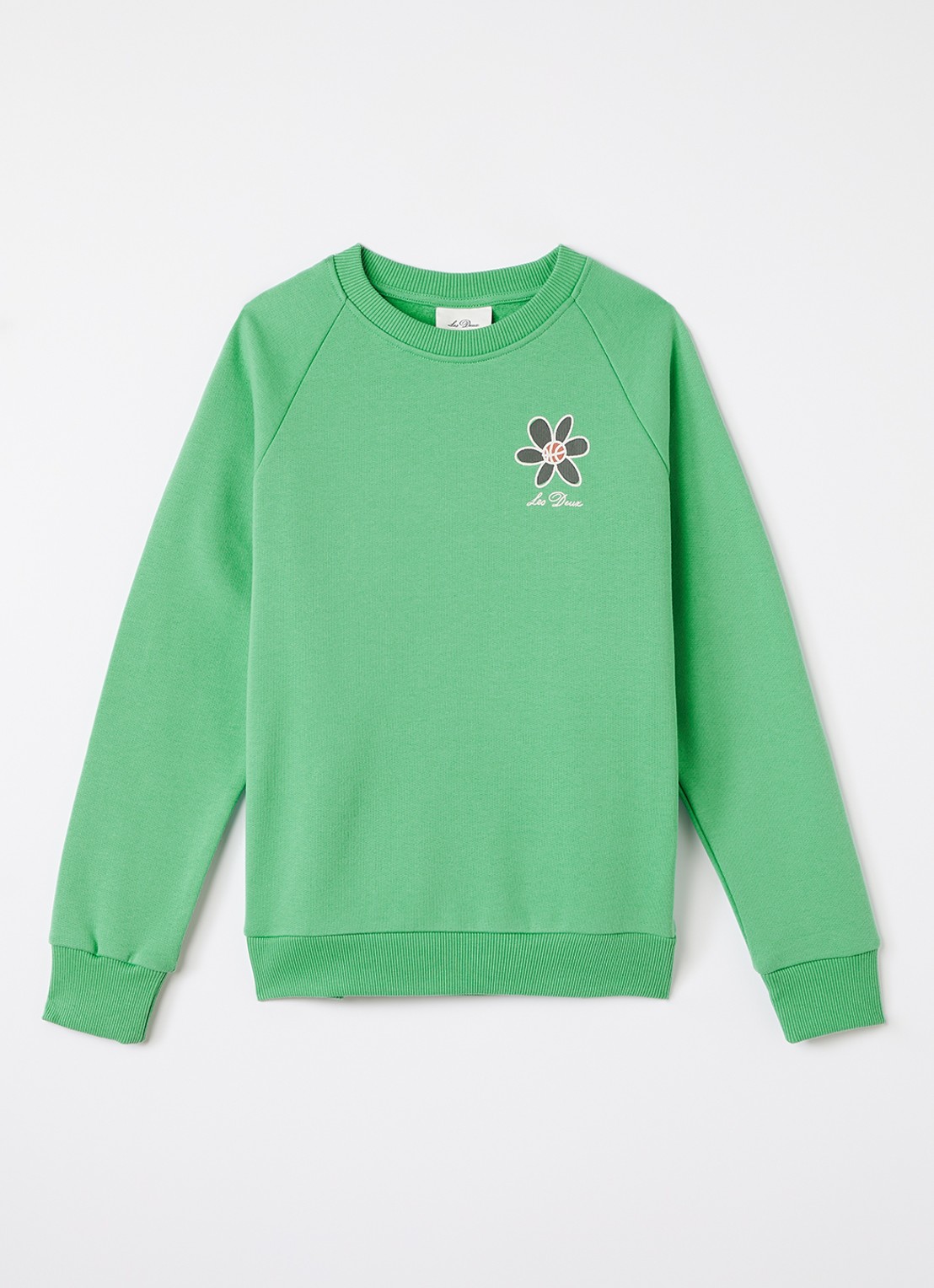 Les Deux Flower sweater met logo- en backprint - voorkant lichtgroen