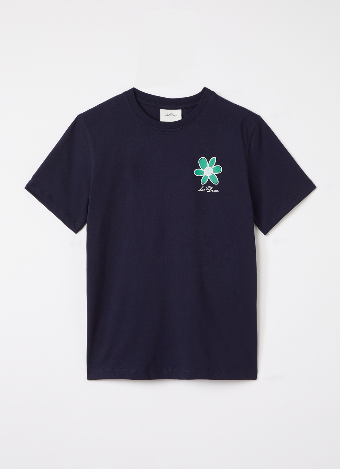 Les Deux Flower T-shirt met logo- en backprint - voorkant donkerblauw