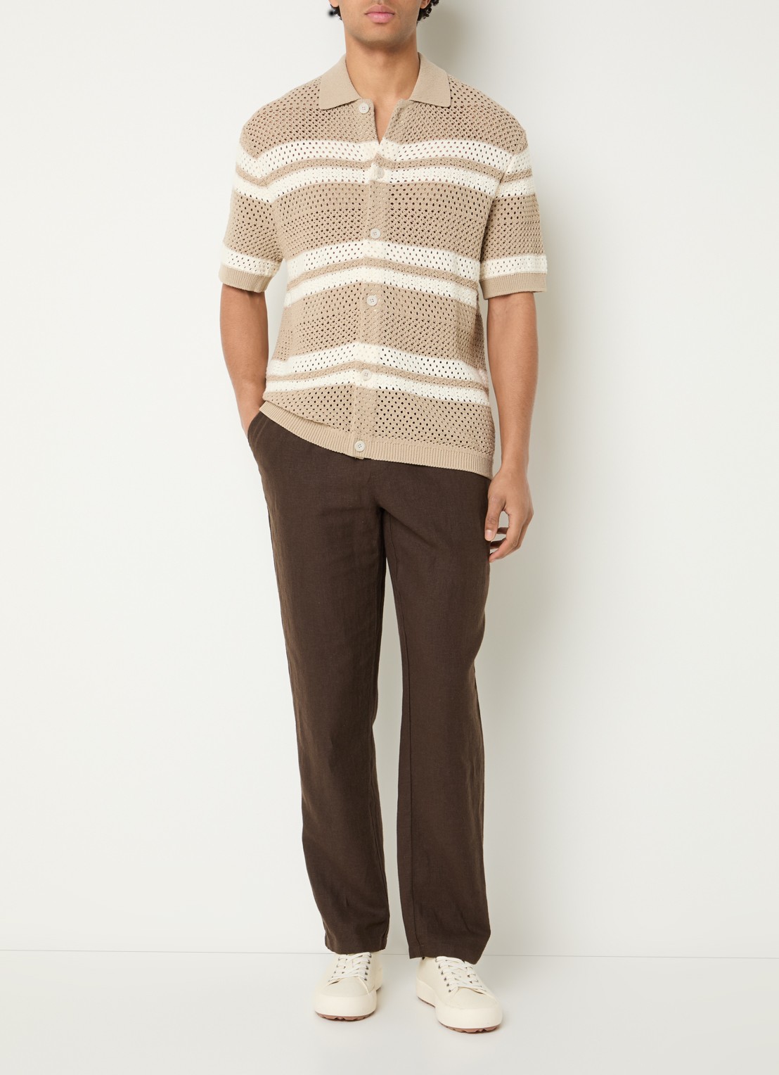 Les Deux Gianni regular fit overhemd met opengewerkt dessin - voorkant 2 beige