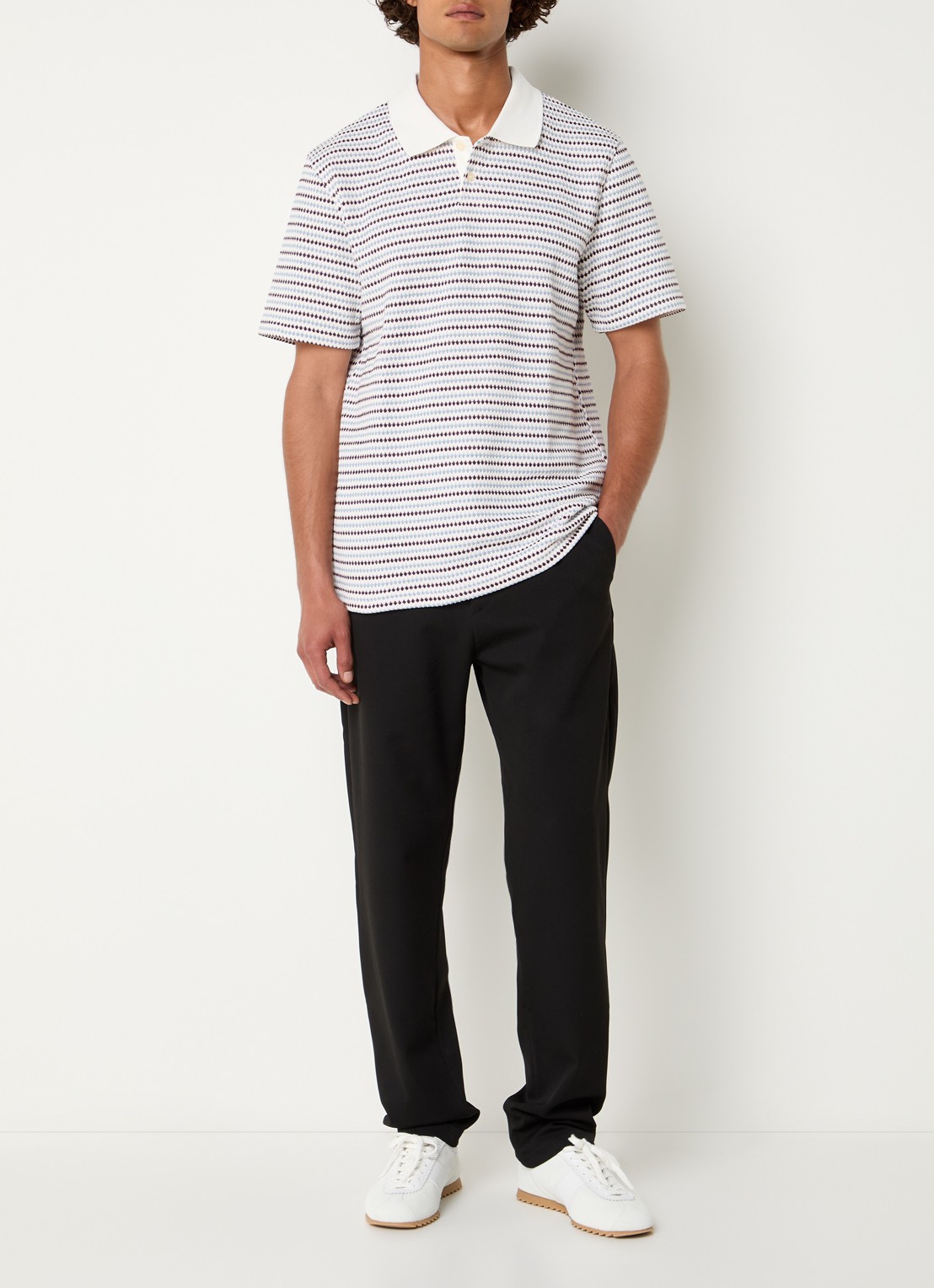 Les Deux Grofgebreide regular fit polo met ingebreid patroon - voorkant 2 wit