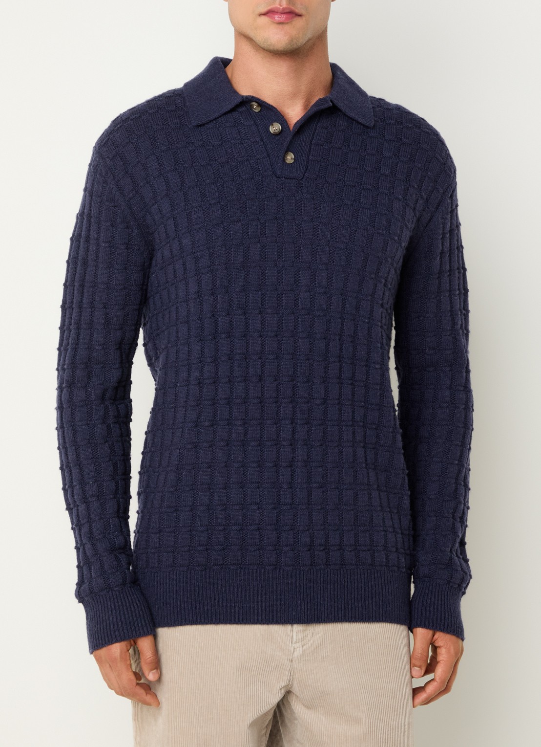Les Deux Gustav grofgebreide regular fit polo in wolblend - detail 2 donkerblauw