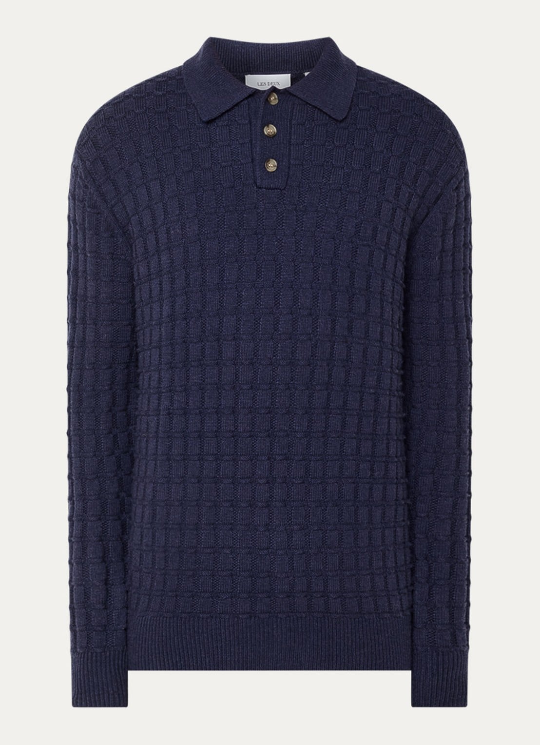 Les Deux Gustav grofgebreide regular fit polo in wolblend - voorkant 3 donkerblauw