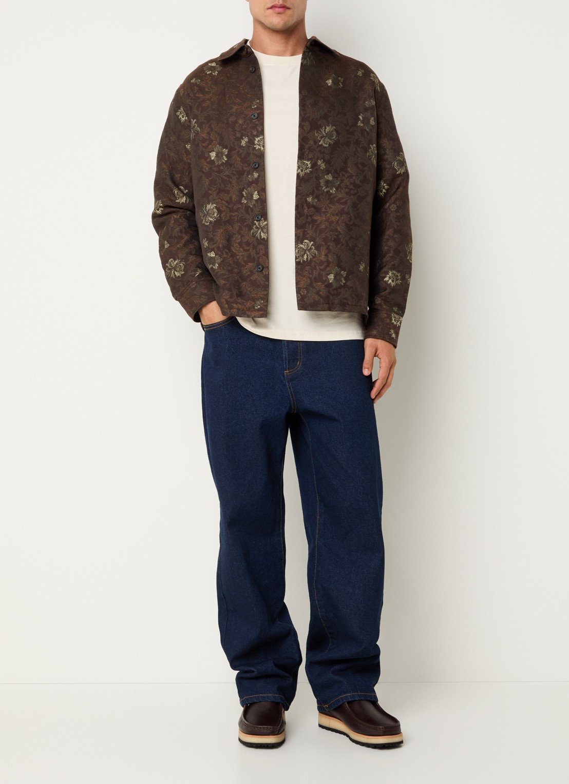 Les Deux Kaleb regular fit overshirt met jacquard dessin - voorkant 4 donkerbruin