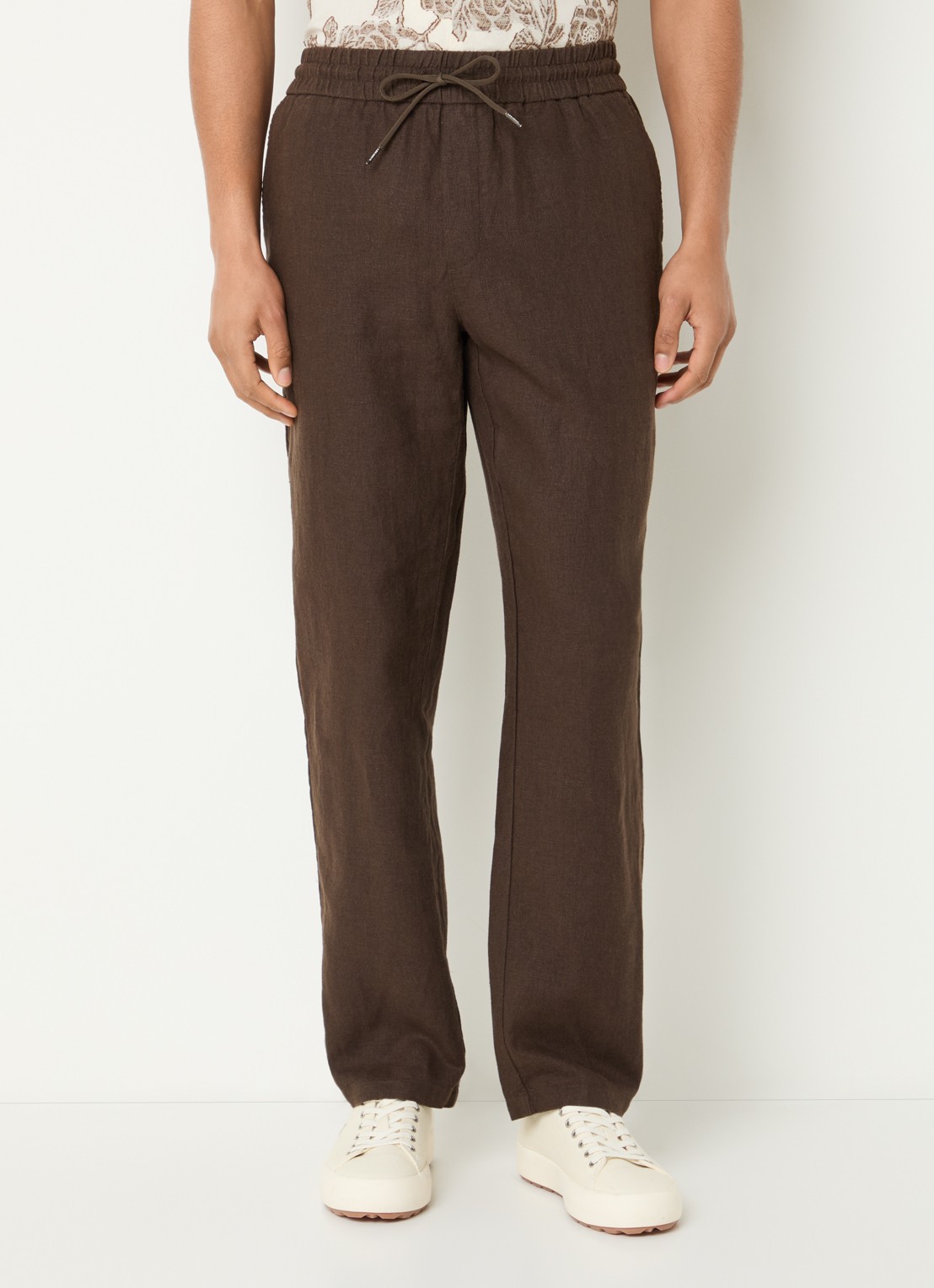 Les Deux Patrick straight fit broek in linnenblend - detail 4 donkerbruin