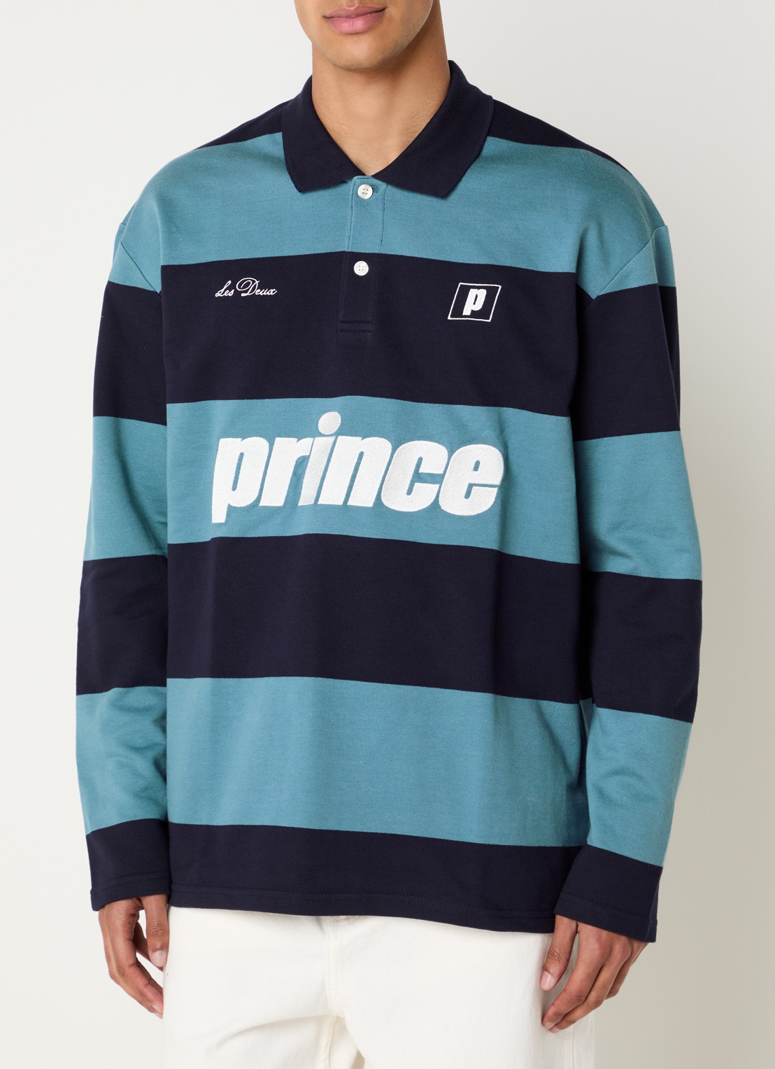 Les Deux Prince oversized fit polo met borduring en streepprint - detail 4 donkerblauw