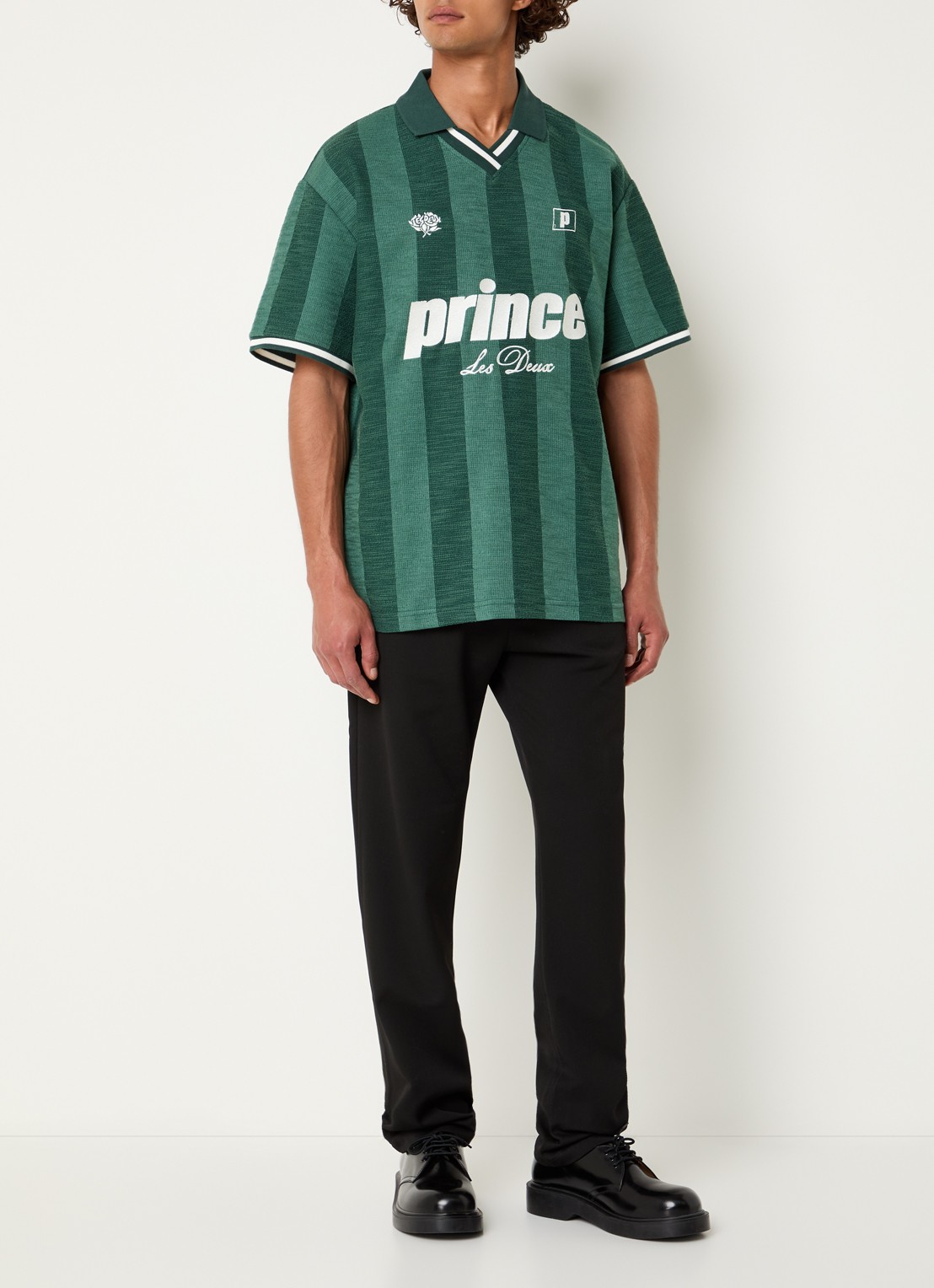 Les Deux Regular fit polo met streepprint en logoborduring - voorkant 2 groen