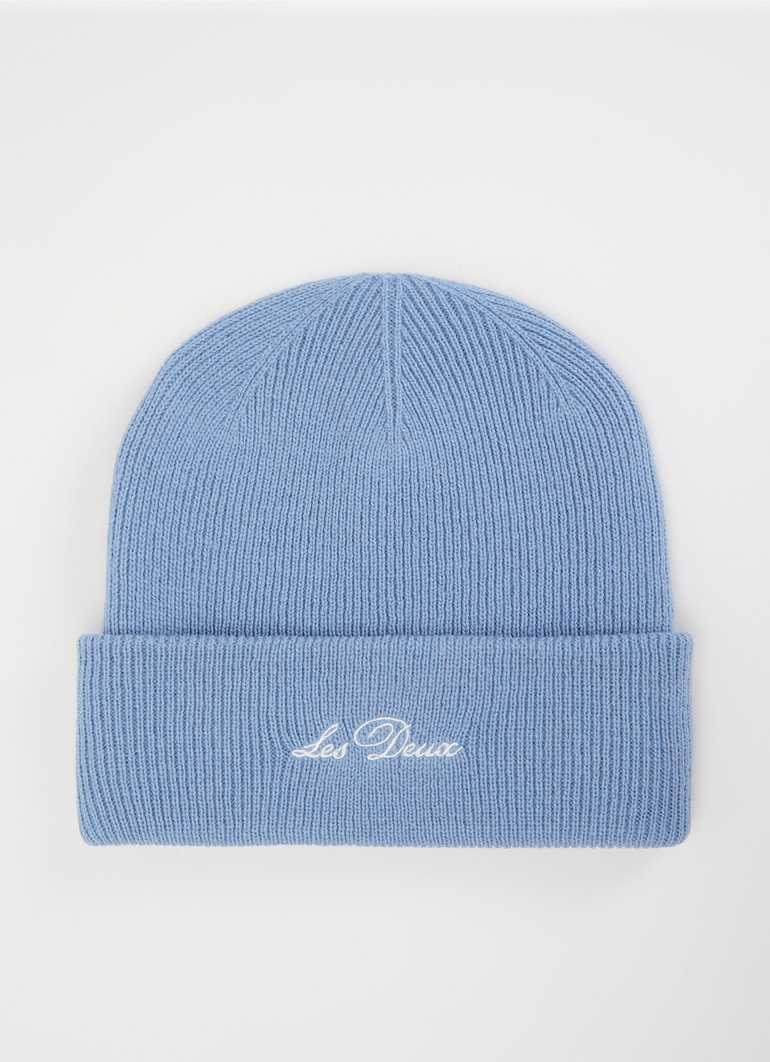 Les Deux Signature ribgebreide muts van wol met logoborduring - voorkant blauwgrijs