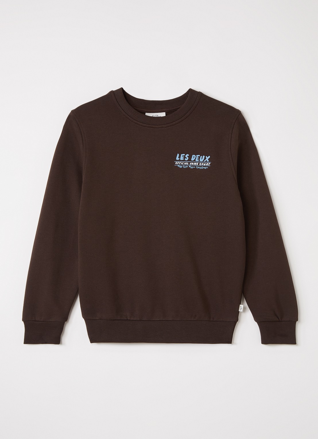 Les Deux Sweater met logo- en backprint - voorkant donkerbruin