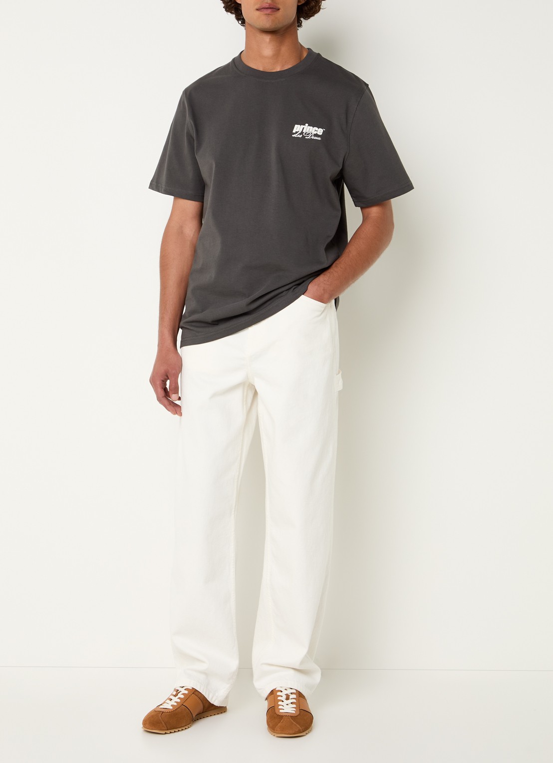 Les Deux T-shirt met logo- en backprint - voorkant 2 antraciet
