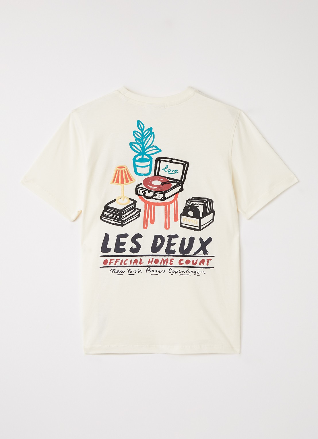 Les Deux T-shirt met logo- en backprint - voorkant 2 gebroken wit