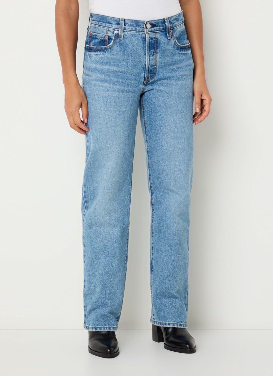 Levi's 501 high waist straight leg jeans met lichte wassing - detail indigo