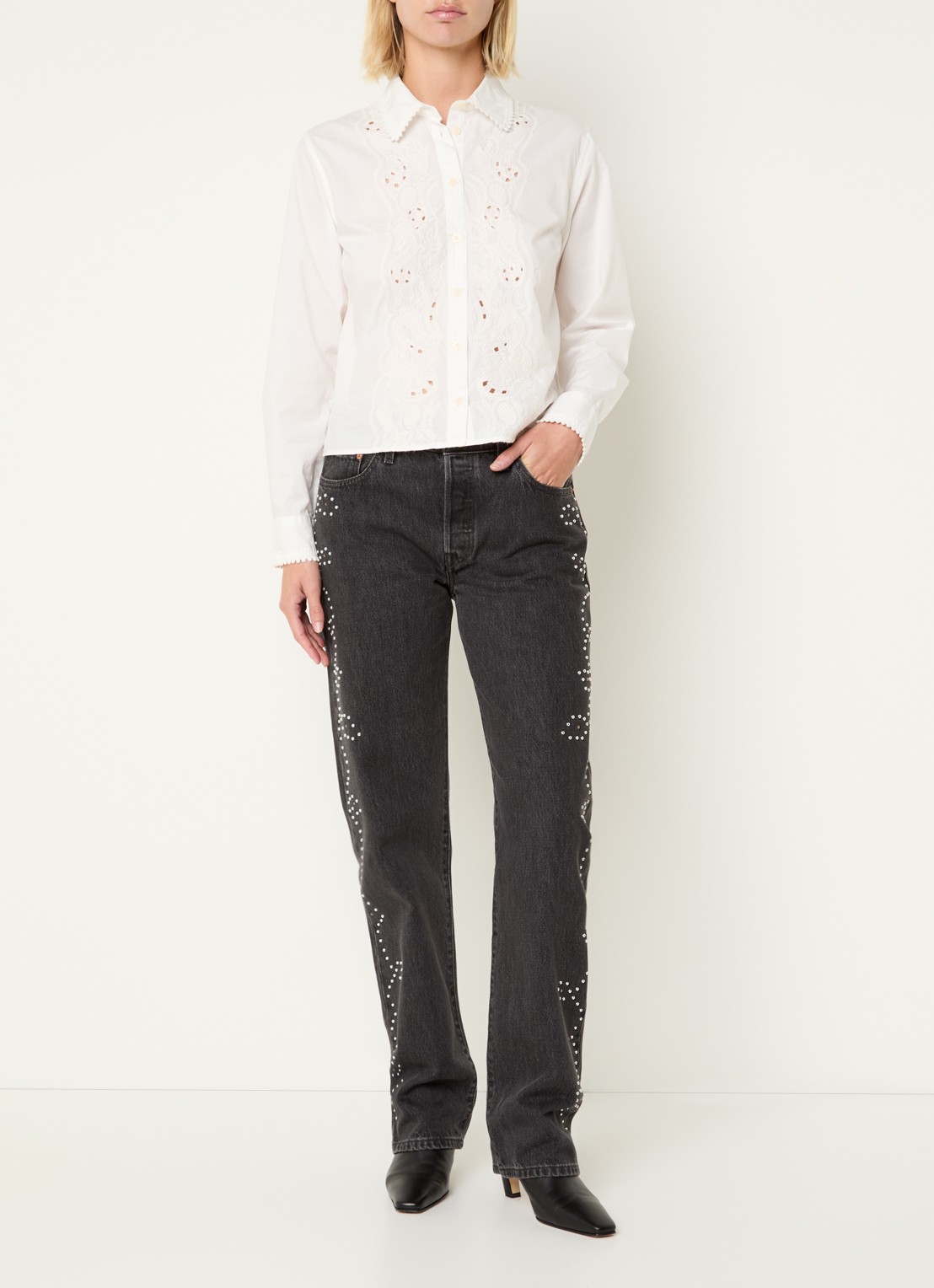 Levi's 501 mid waist tapered jeans met studs en steekzakken - voorkant 5 zwart