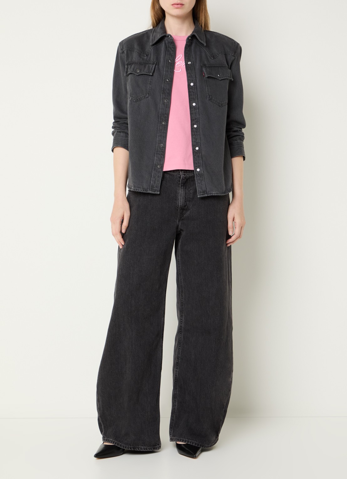Levi's 80s Western blouse van denim met schoudervulling - voorkant 4 zwart