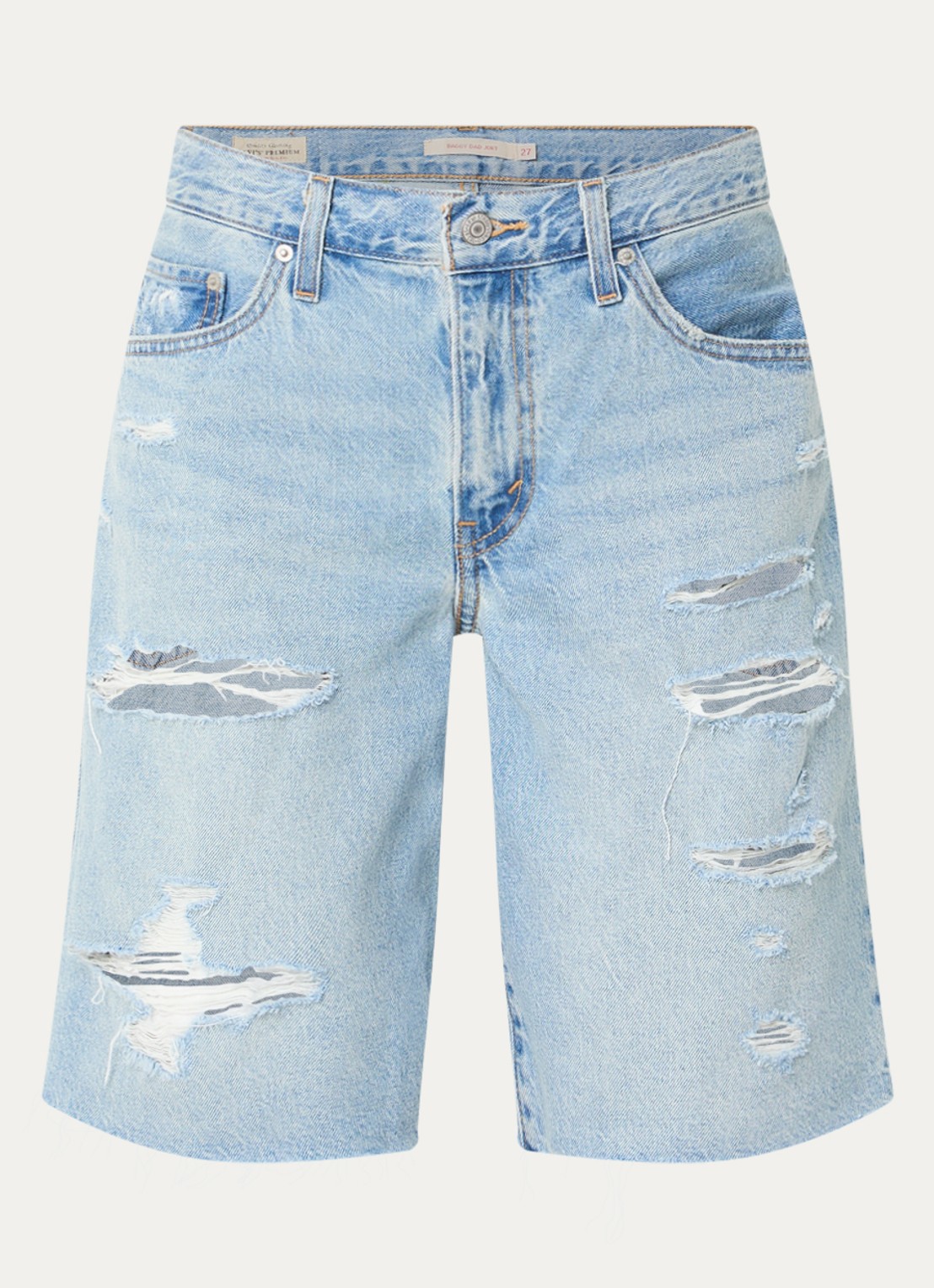 Levi's Baggy Dad high waist loose fit korte broek van denim met destroyed afwerking - voorkant 2 indigo