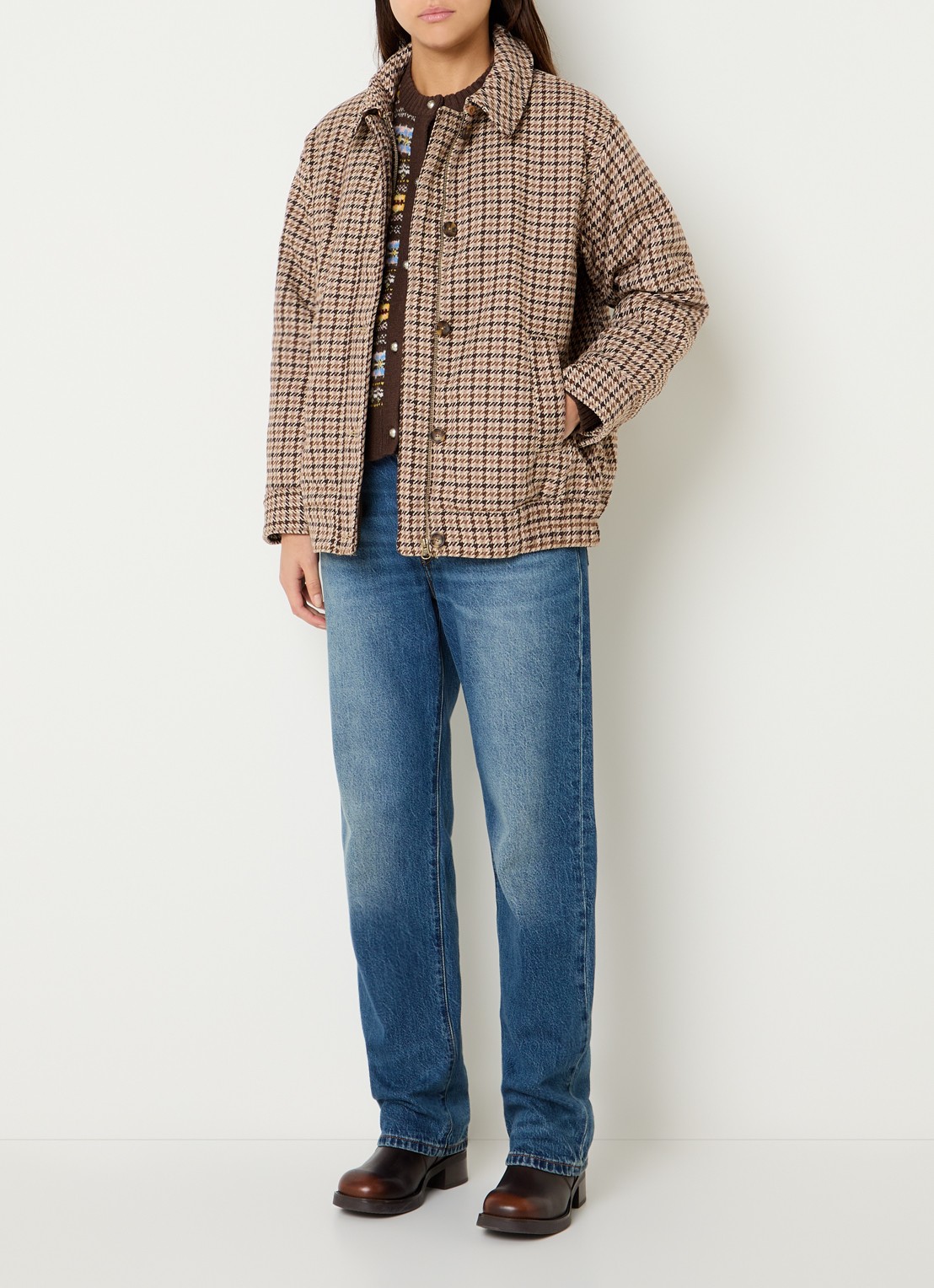 Levi's Billie gewatteerd jack in wolblend met ruitdessin en afneembare kraag van imitatiebont - voorkant 4 bruin