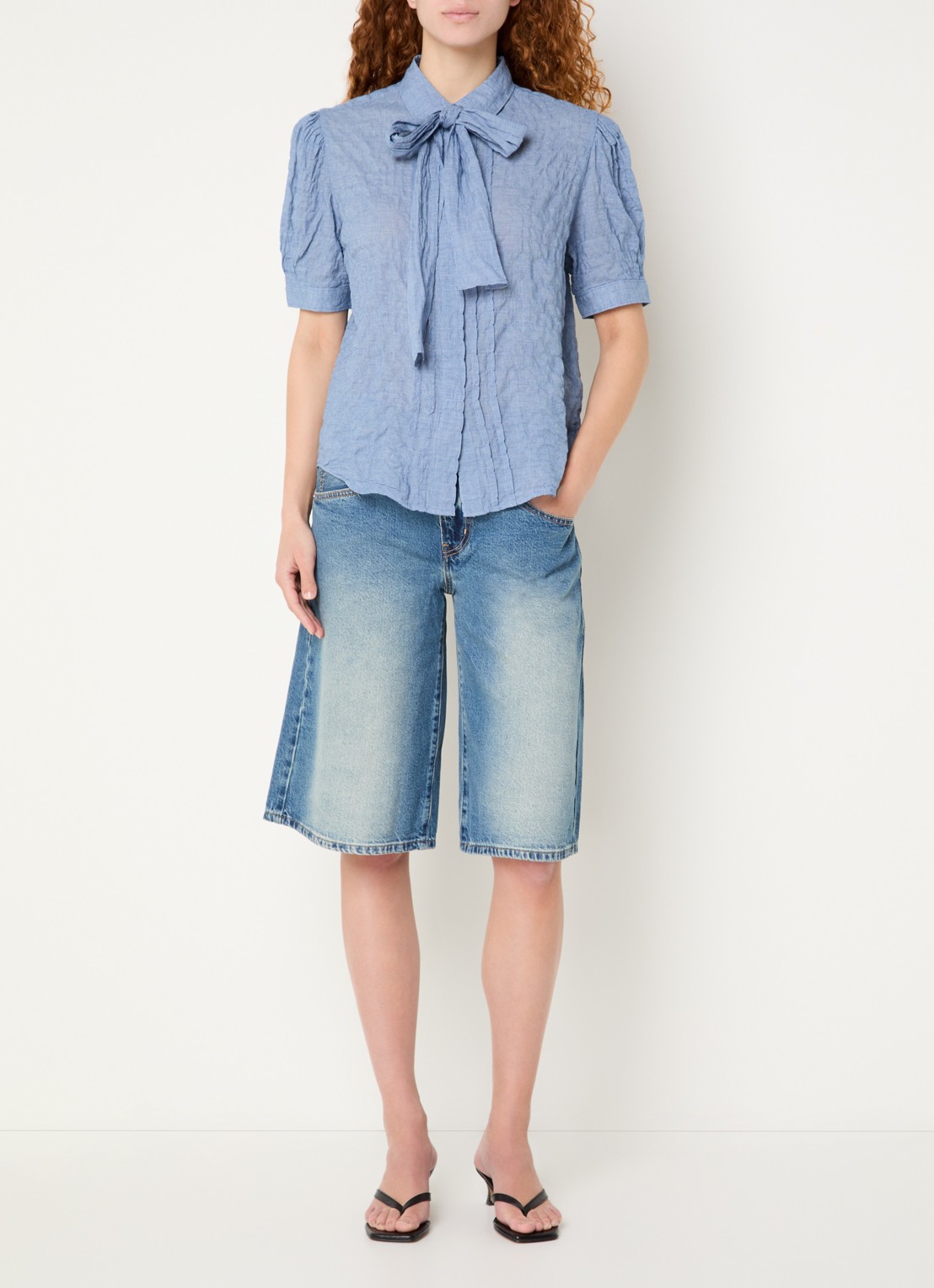Levi's Blouse in zijdeblend met pied-de-poule dessin  - voorkant 3 staalblauw
