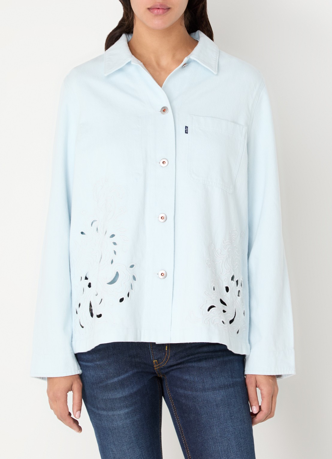 Levi's Blouse van denim met broderie en borstzak - detail lichtblauw