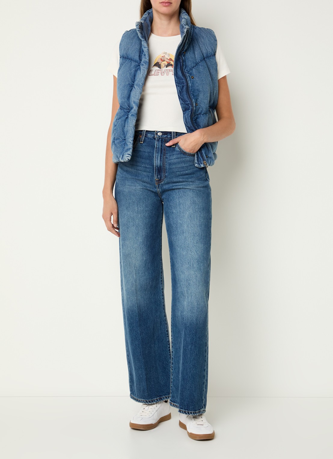 Levi's Bodywarmer van denim met donsvulling - voorkant 3 blauw