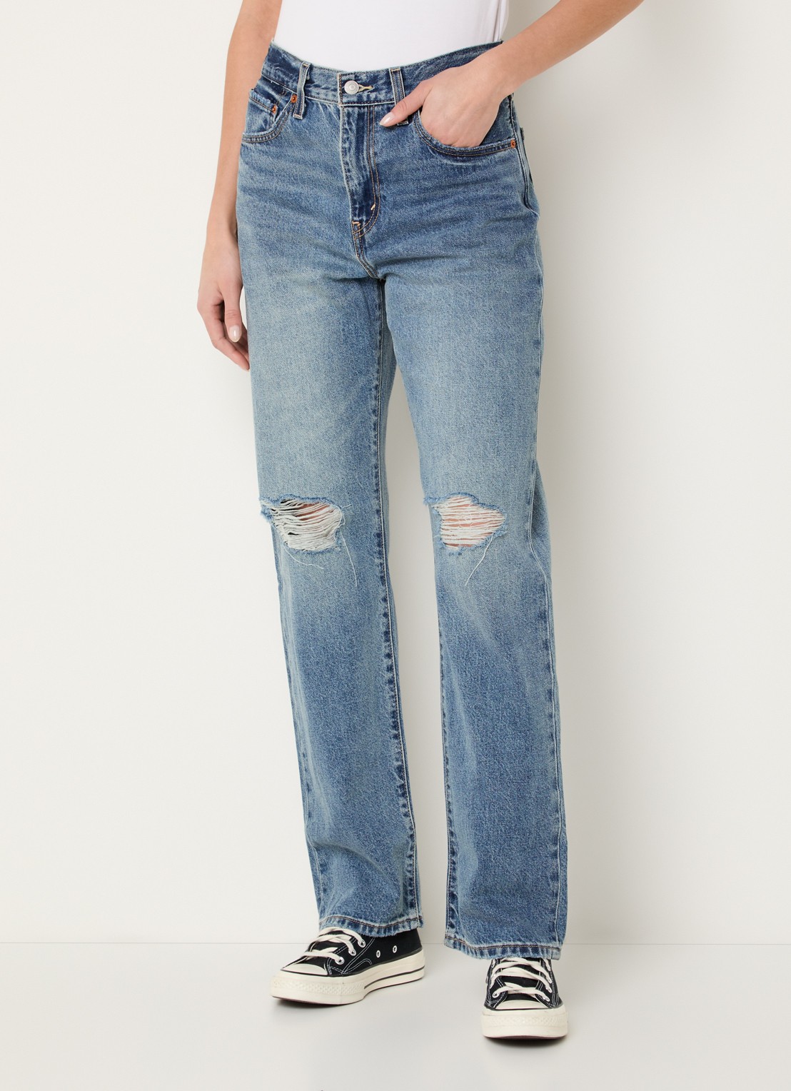 Levi's Easy Dad high waist straight leg jeans met destroyed afwerking - detail 4 indigo