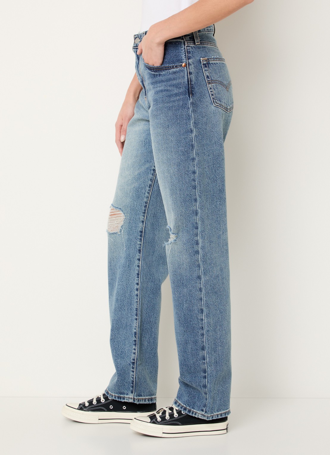 Levi's Easy Dad high waist straight leg jeans met destroyed afwerking - detail 5 indigo