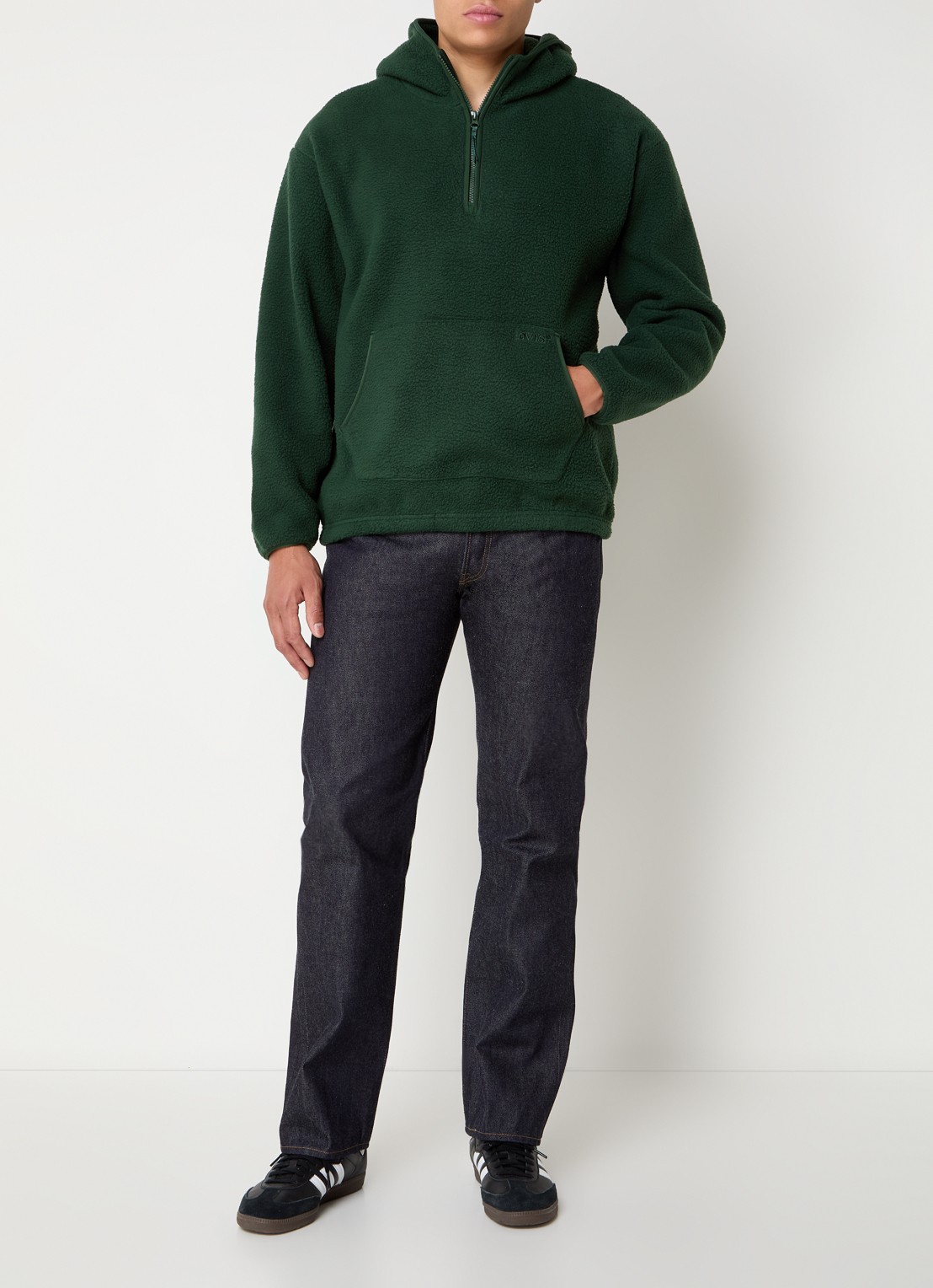 Levi's Hoodie van fleece met halve rits en capuchon - voorkant 2 donkergroen