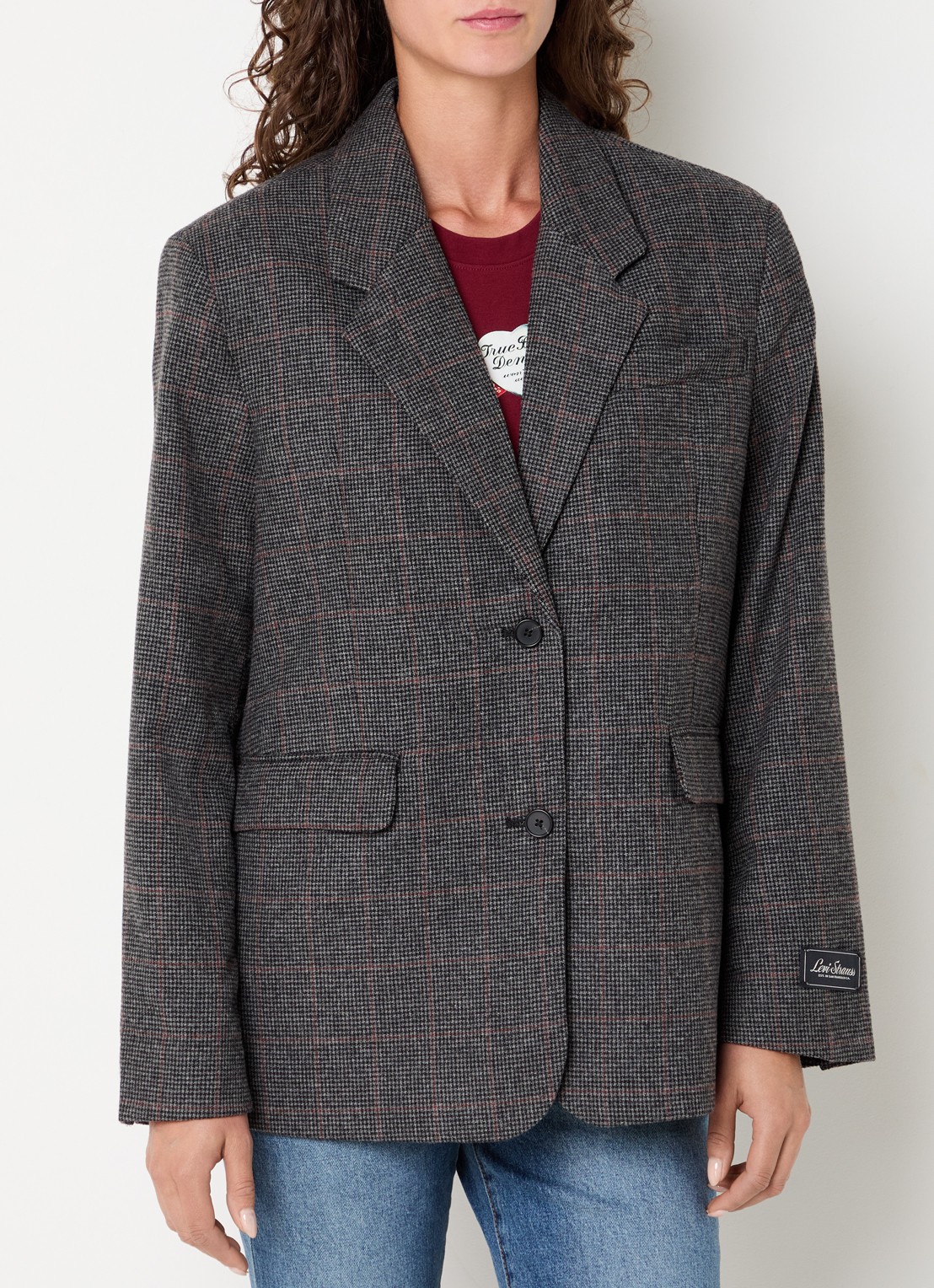 Levi's Luna blazer in wolblend met ruitdessin - detail 4 donkergrijs