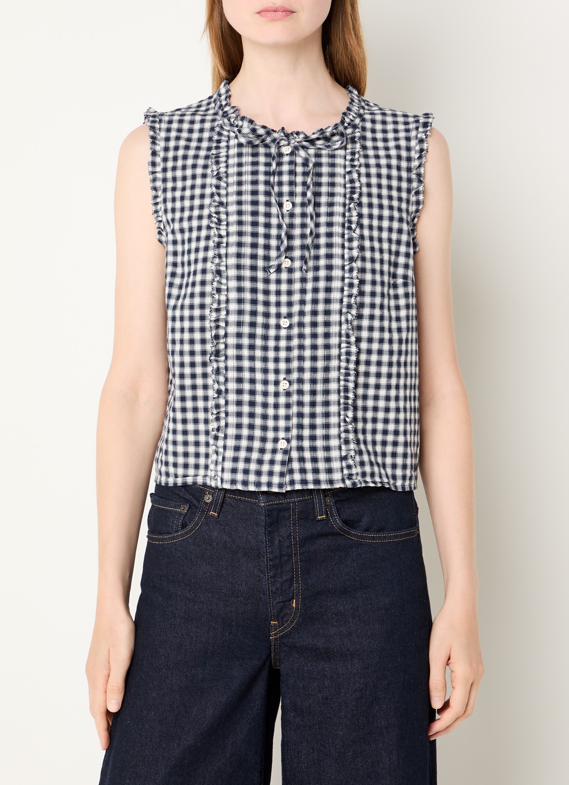 Levi's Mouwloze blouse met ruches en ruitdessin - detail 4 donkerblauw