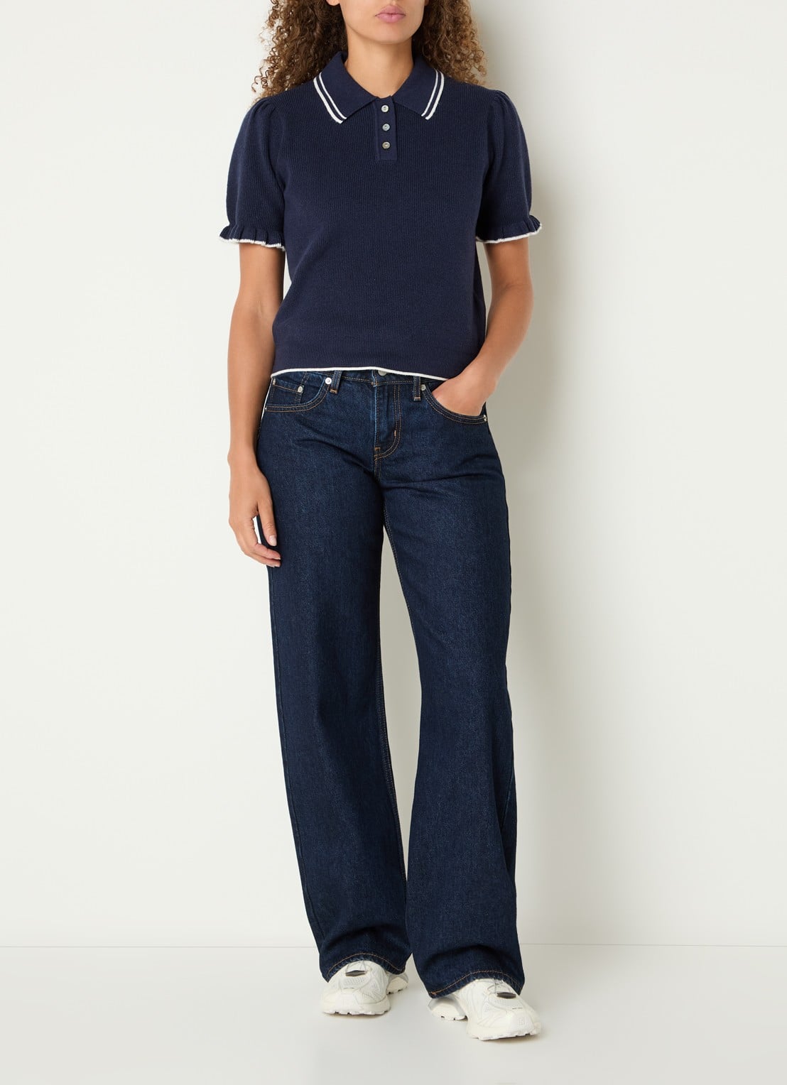 Levi's Ribgebreide trui met pofmouw en polokraag - voorkant 3 donkerblauw