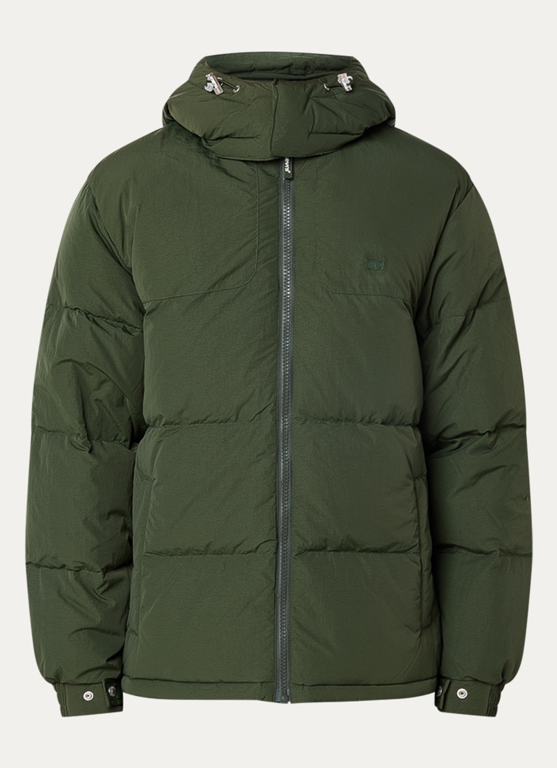 Levi's Rockridge puffer jack met donsvulling en afneembare capuchon - voorkant donkergroen