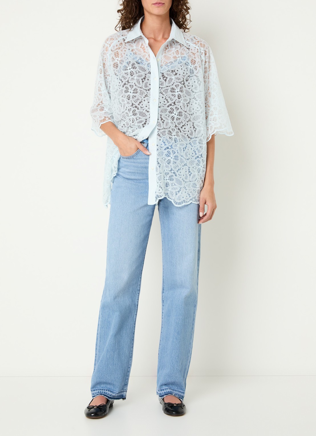 Levi's Semi-transparante blouse met broderie - voorkant 3 lichtblauw