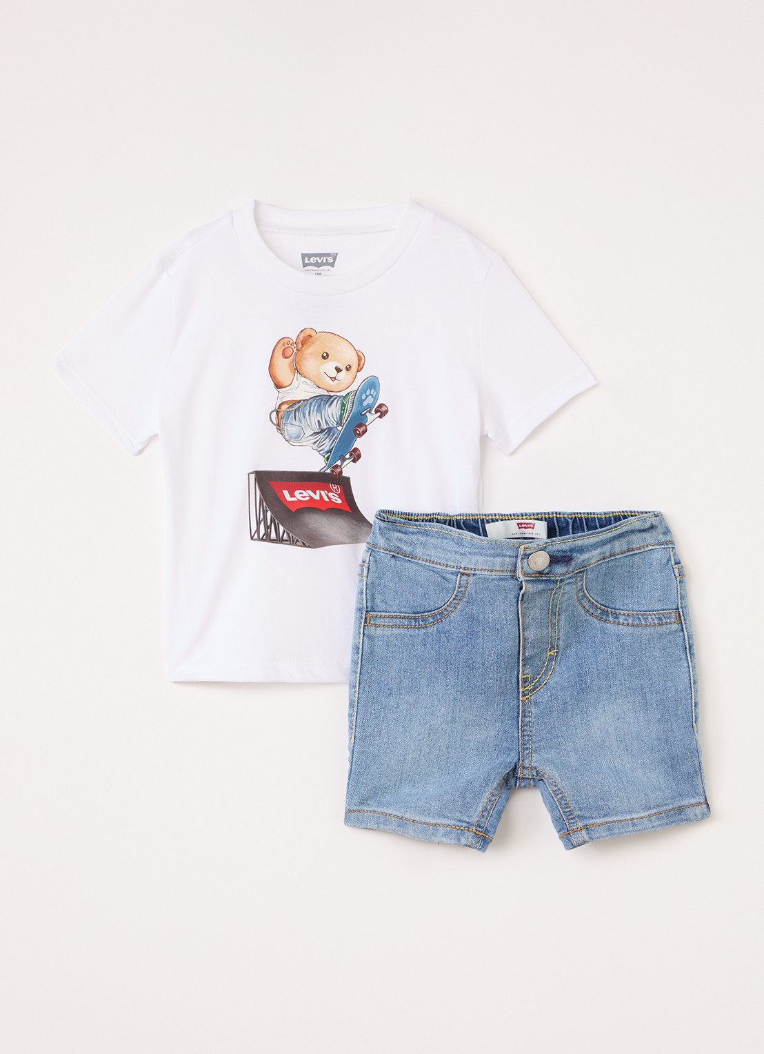 Levi's Set van T-shirt met korte broek van denim 2-delig - voorkant wit
