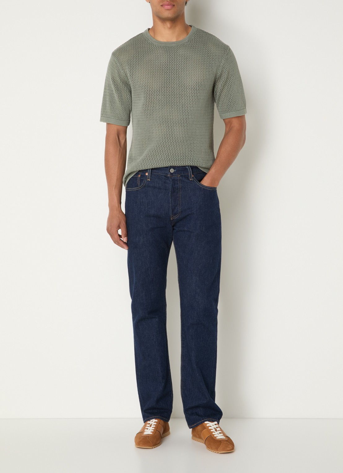 Levi's Stinson T-shirt met opengewerkt dessin - voorkant 4 olijfgroen