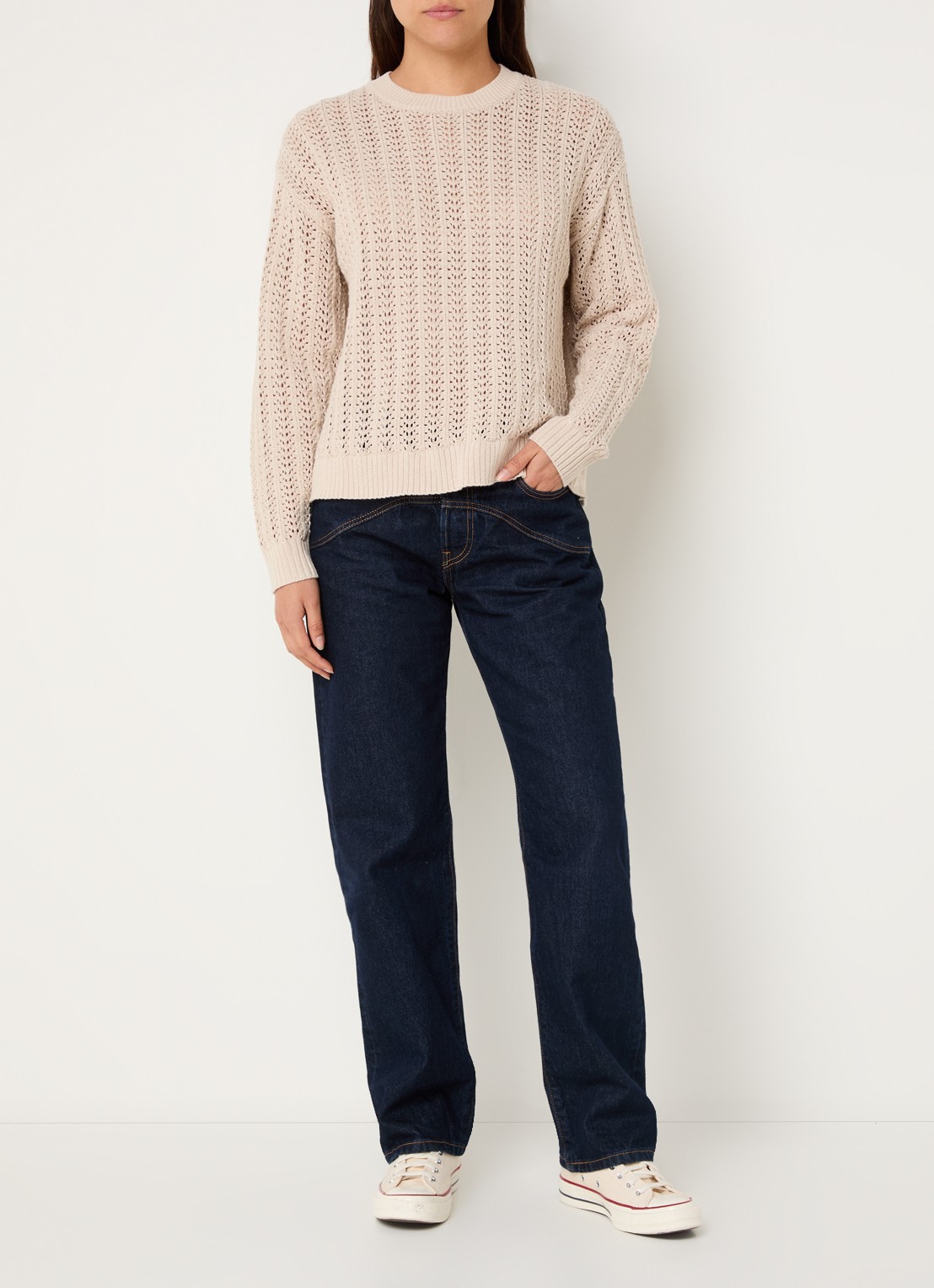 Levi's Sunrise grofgebreide trui in linnenblend met opengewerkt dessin - voorkant 4 beige