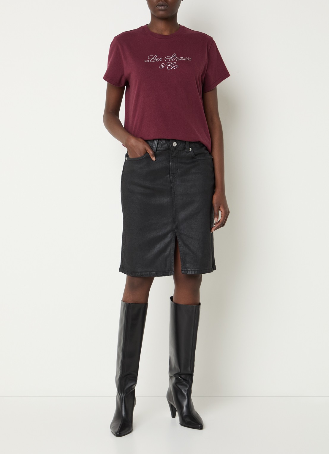 Levi's T-shirt met logoprint en strass - voorkant 2 bordeauxrood