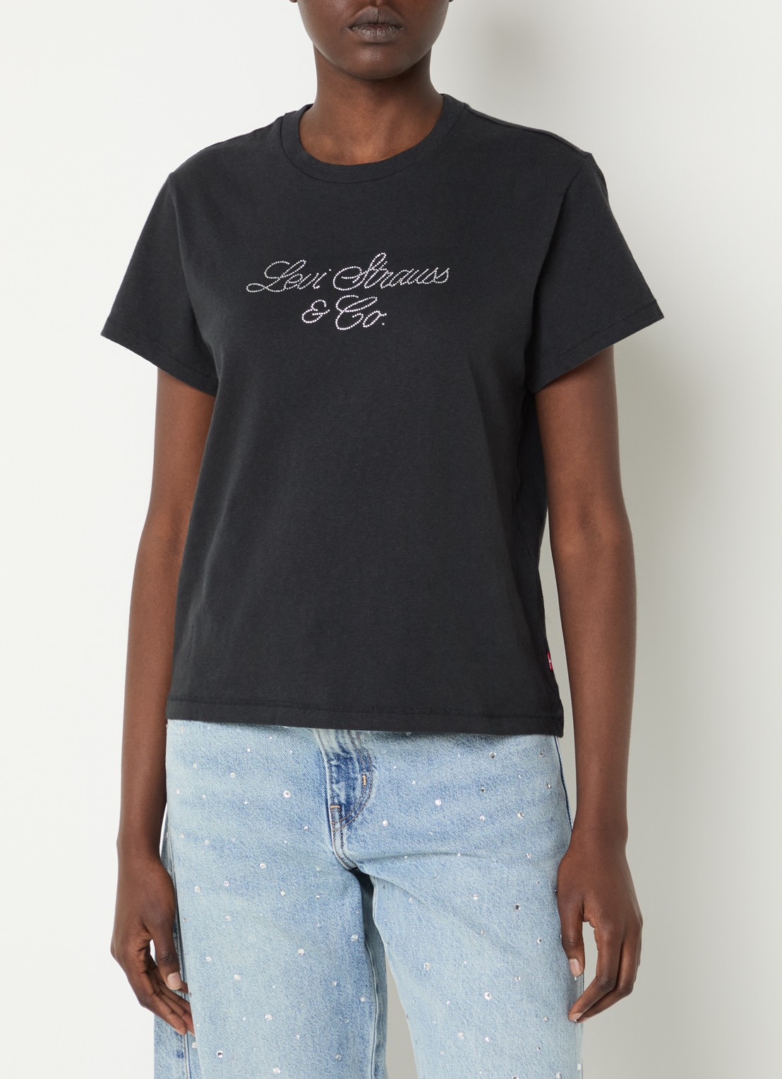 Levi's T-shirt met logoprint en strass - detail zwart