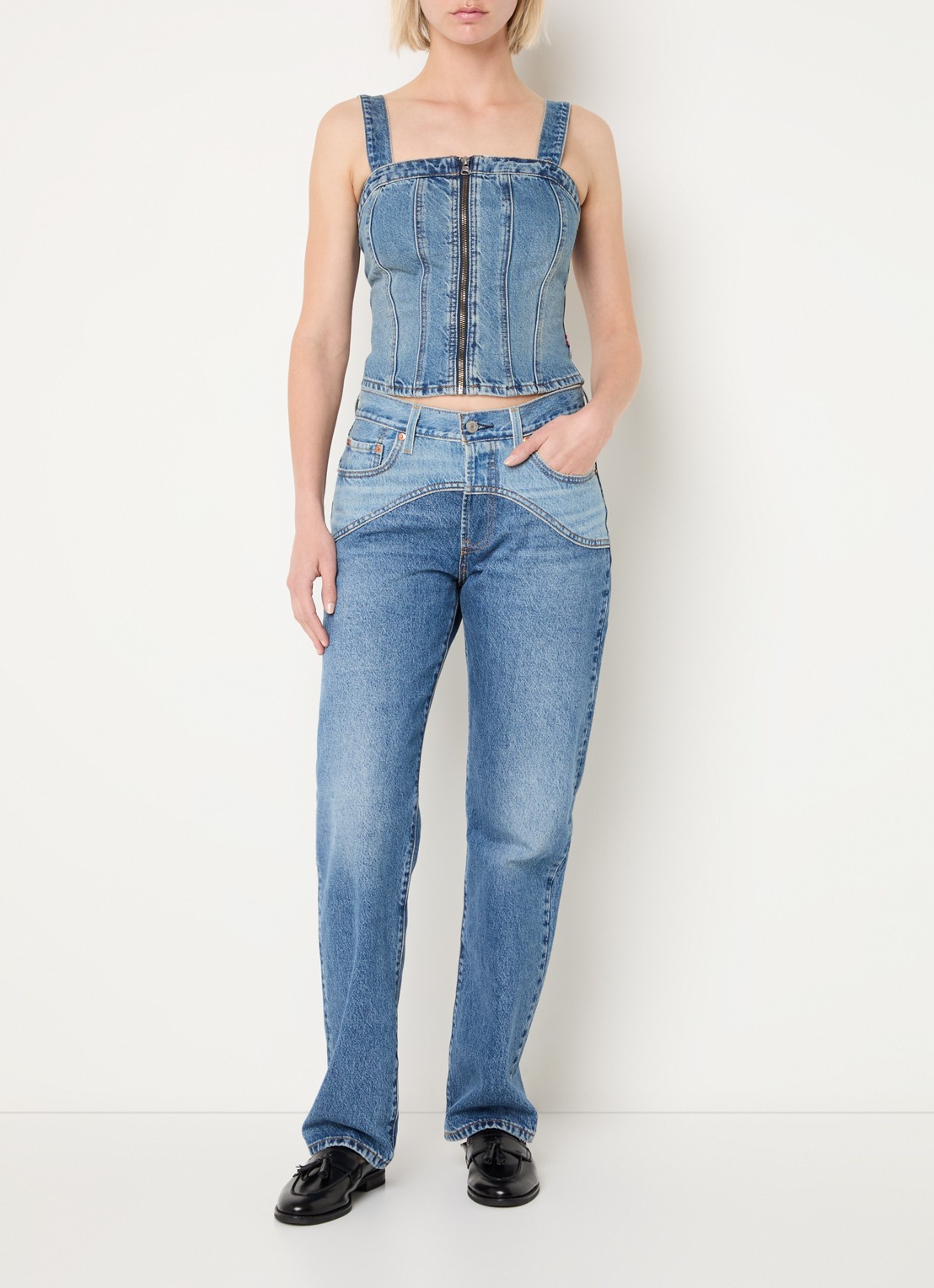 Levi's Tanktop van denim met smockwerk - voorkant 3 indigo