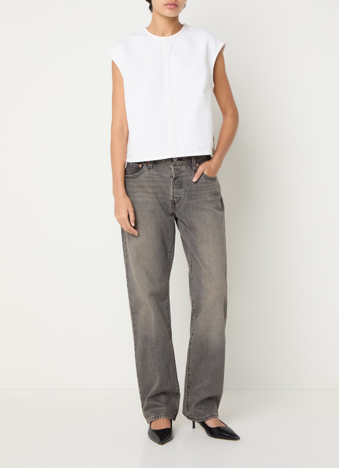 Levi's Tooth Fairy top van denim met siernaad - voorkant 3 gebroken wit