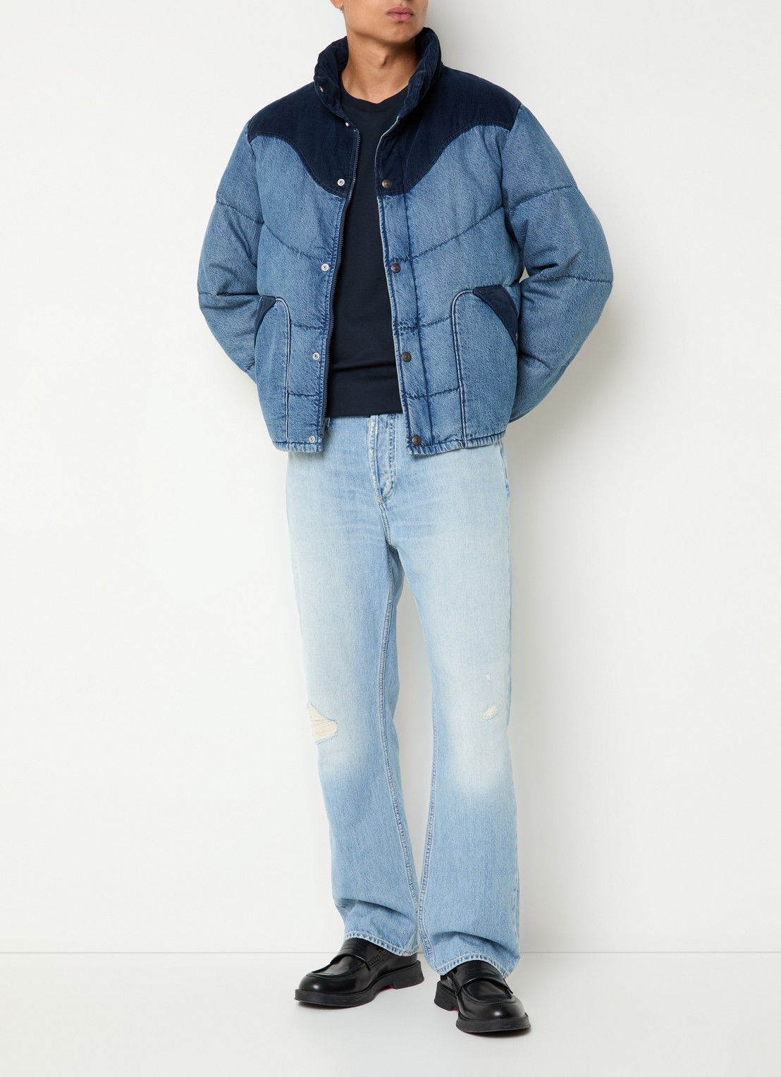 Levi's Wild West puffer jack van denim met details van corduroy - voorkant 4 indigo
