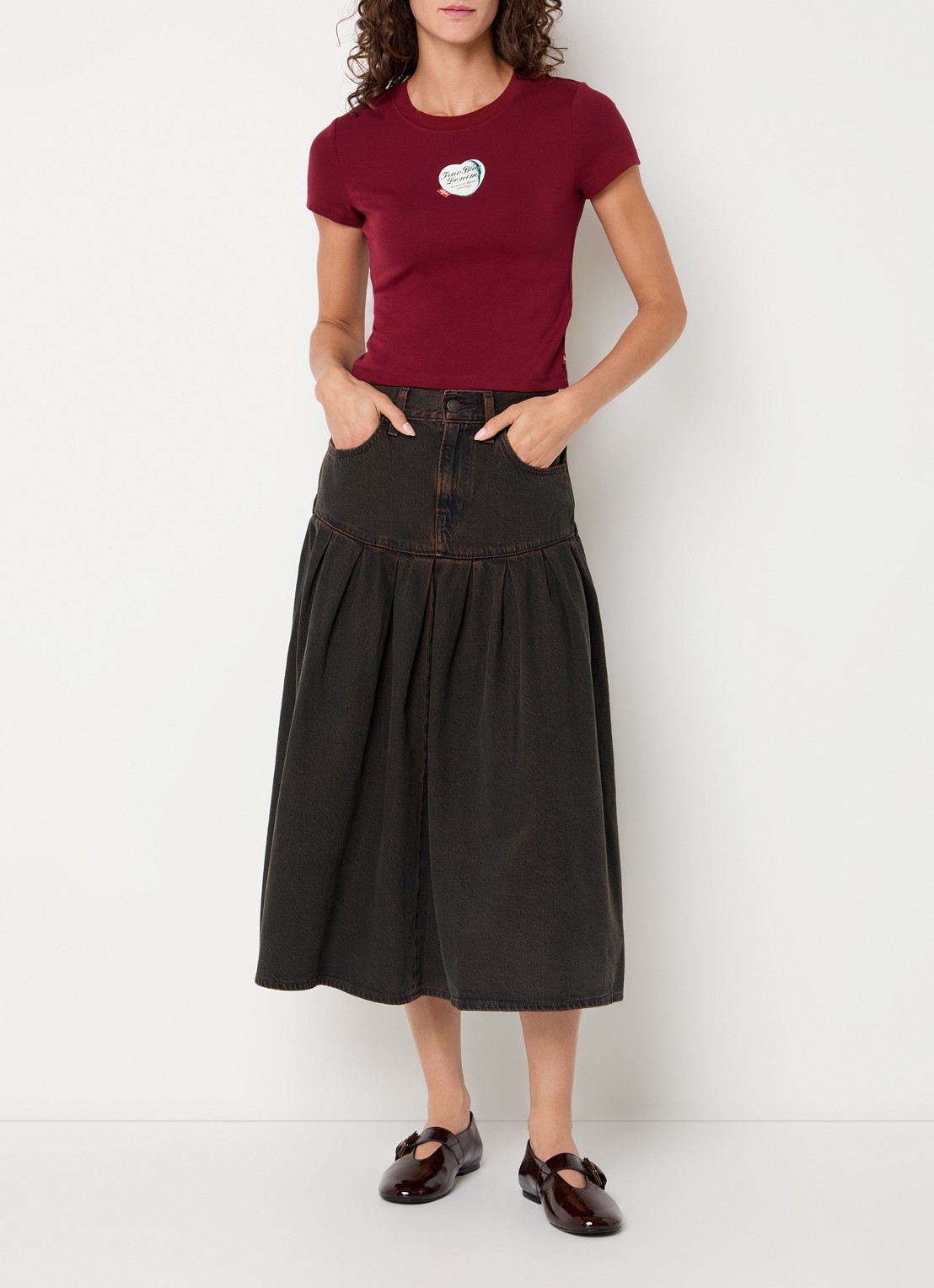 Levi's Yoked midi spijkerrok met steekzakken - voorkant 2 bruin