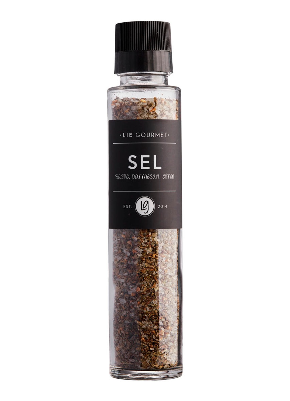 LIE GOURMET SEL zout basillicum, parmezaan & citroen met molen 320 gram - voorkant undefined