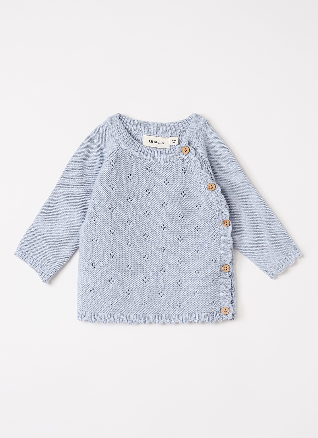 Lil 'Atelier NBFAguna grofgebreid vest met opengewerkt dessin - voorkant lichtblauw