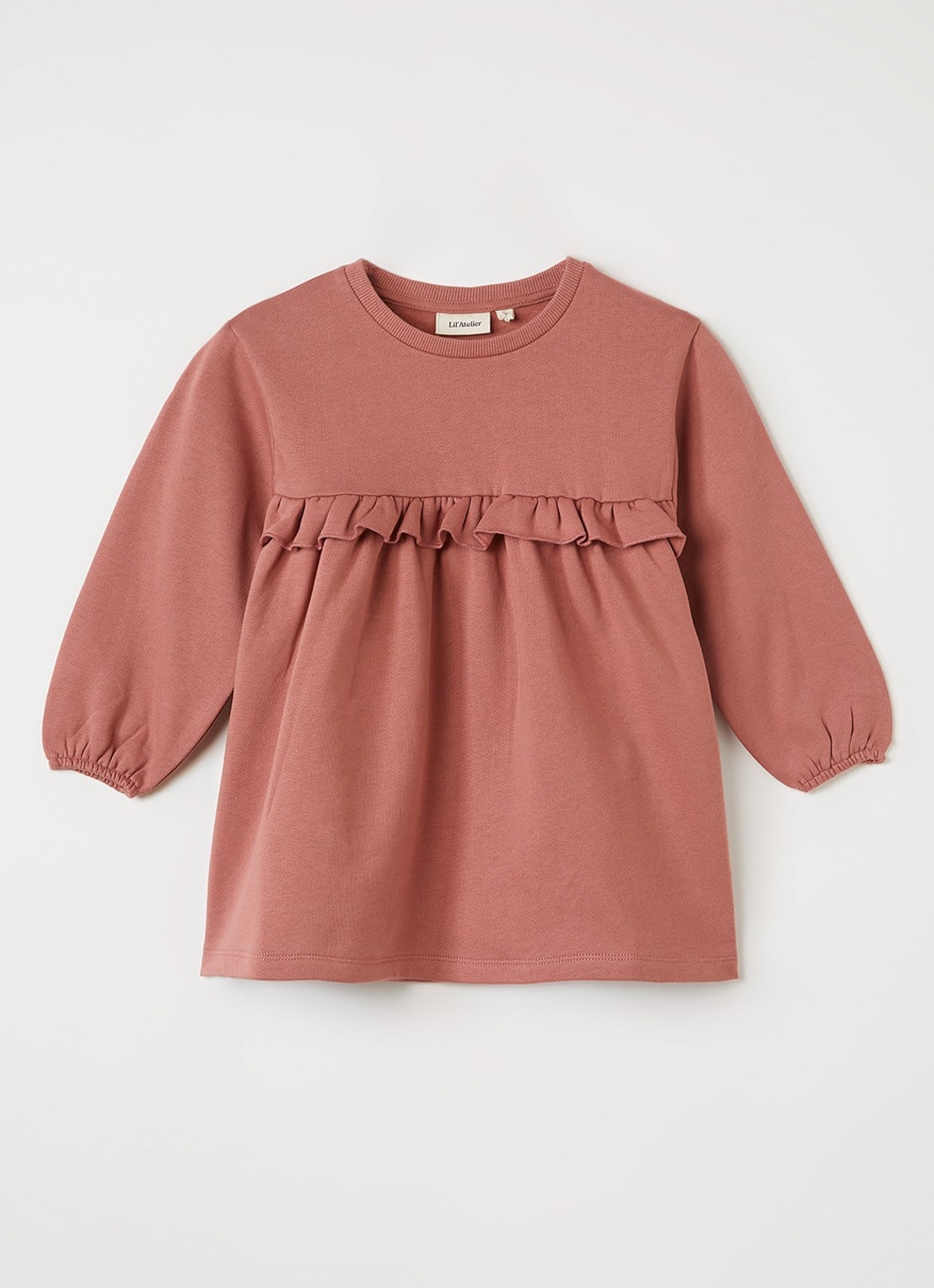 Lil 'Atelier NMFKilano trui-jurk met volant - voorkant koraalroze