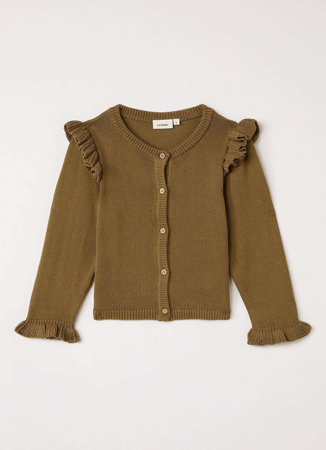 Lil 'Atelier NMFKopa grofgebreid vest met volant - voorkant 2 mosgroen