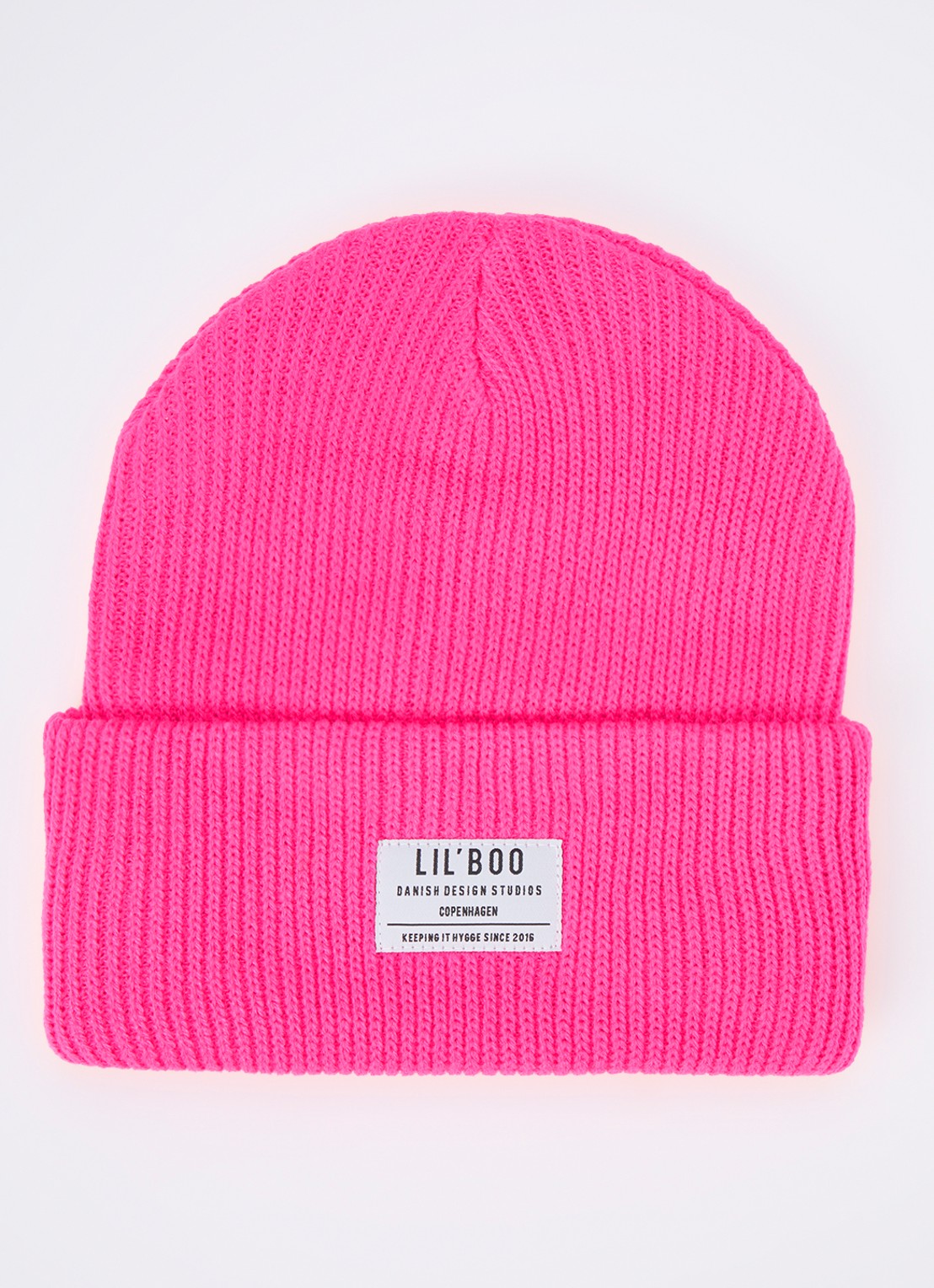 Lil' Boo Hygge grofgebreide muts met logo - voorkant fuchsia