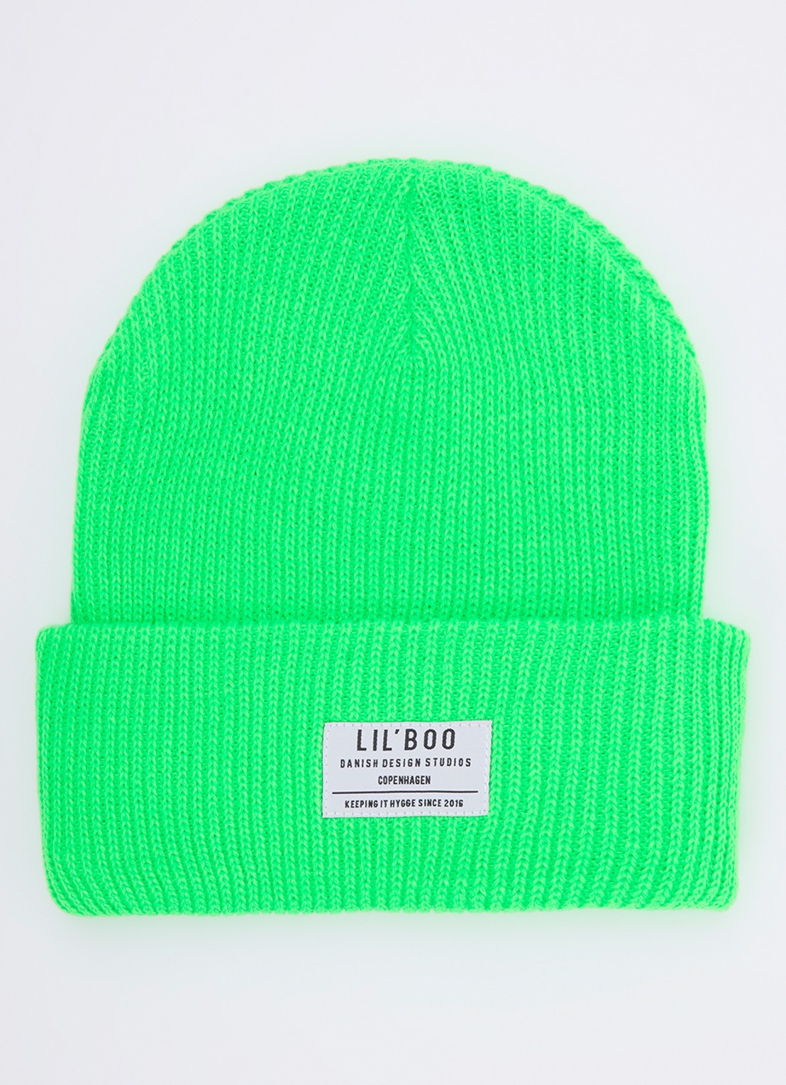 Lil' Boo Hygge grofgebreide muts met logo - voorkant neongroen