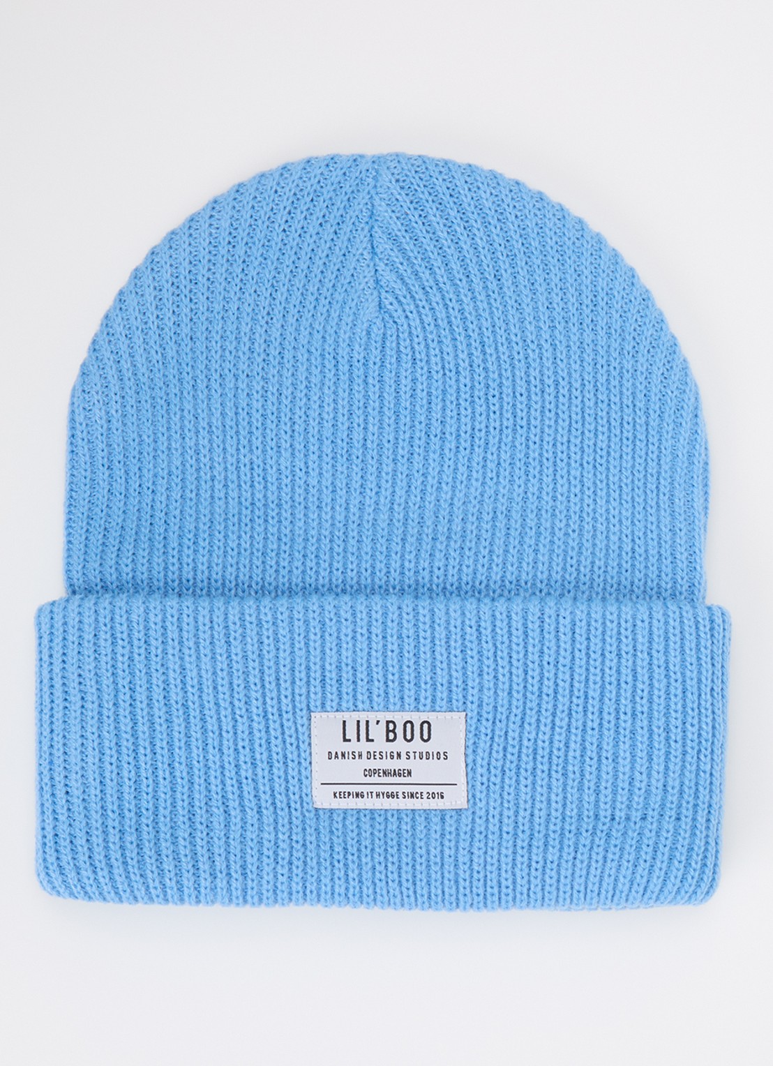 Lil' Boo Hygge grofgebreide muts met logo - voorkant lichtblauw